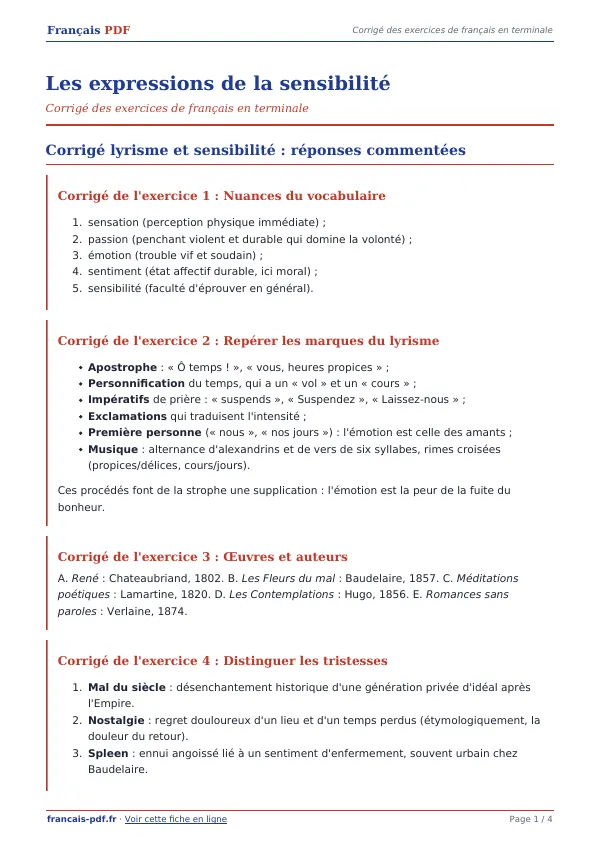Corrigé « Les expressions de la sensibilité » en PDF