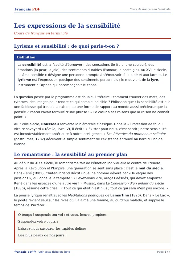 Cours « Les expressions de la sensibilité » en PDF