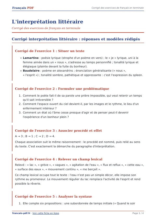 Corrigé « L’interprétation littéraire » en PDF