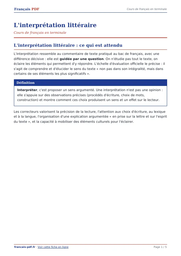 Cours « L’interprétation littéraire » en PDF
