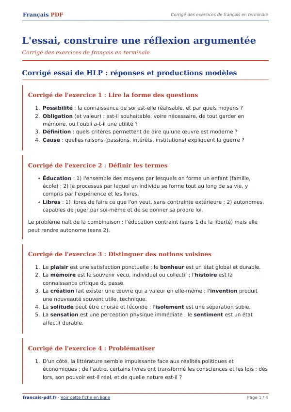 Corrigé « L’essai, construire une réflexion argumentée » en PDF