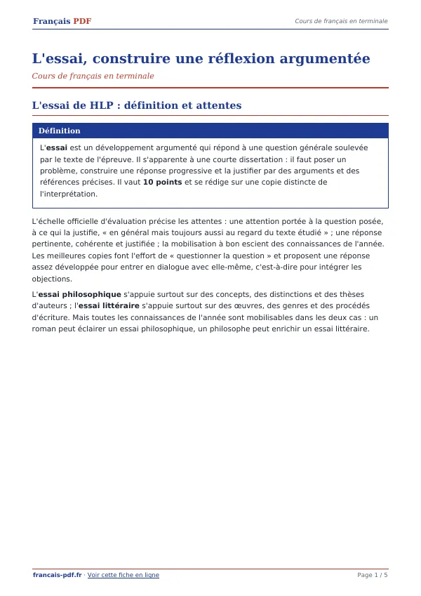 Cours « L’essai, construire une réflexion argumentée » en PDF