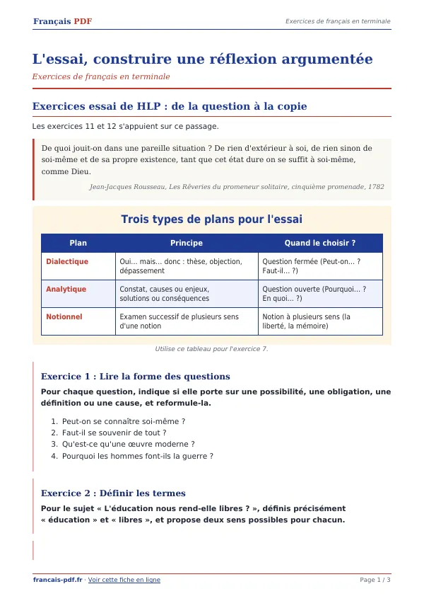 Exercices « L’essai, construire une réflexion argumentée » en PDF