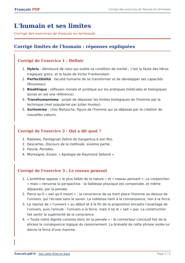 Corrigé « L’humain et ses limites » en PDF