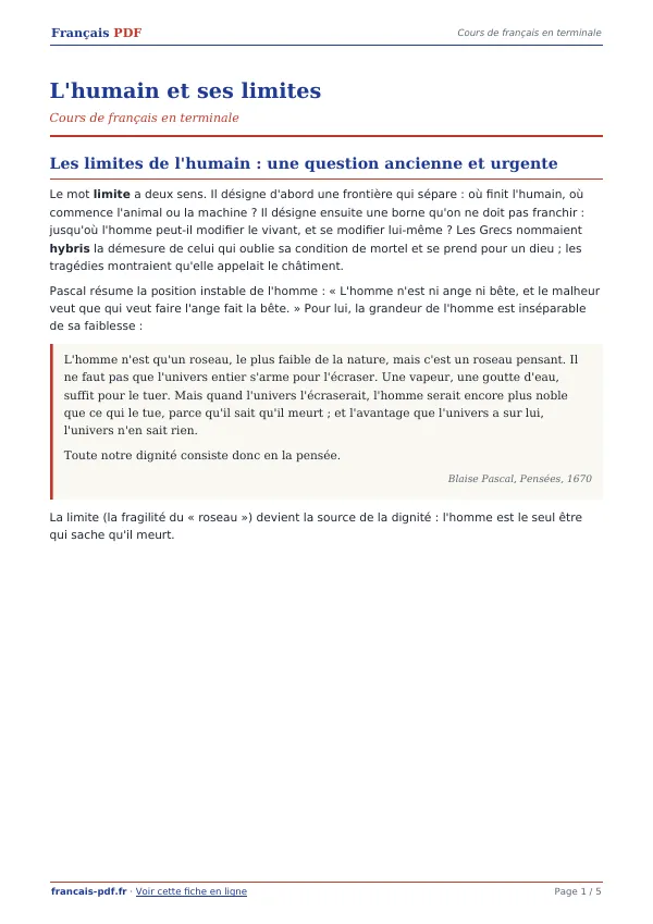 Cours « L’humain et ses limites » en PDF
