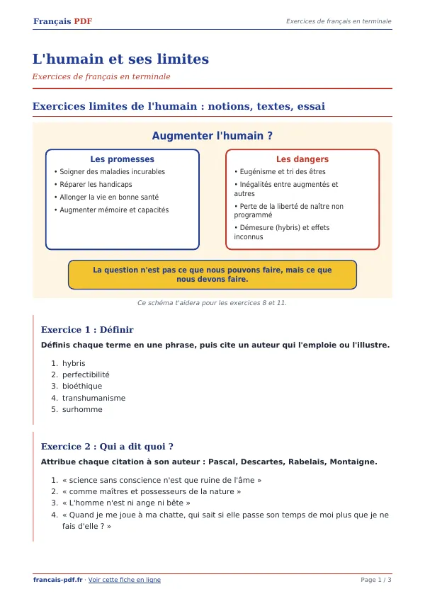 Exercices « L’humain et ses limites » en PDF