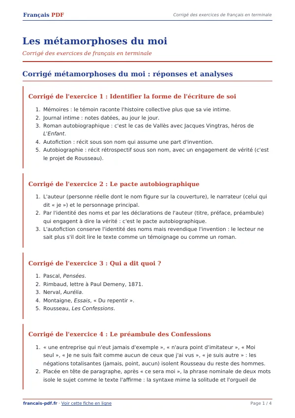 Corrigé « Les métamorphoses du moi » en PDF
