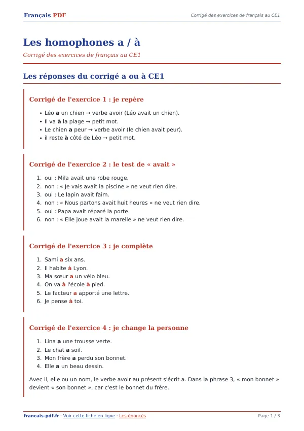 Corrigé « Les homophones a / à » en PDF