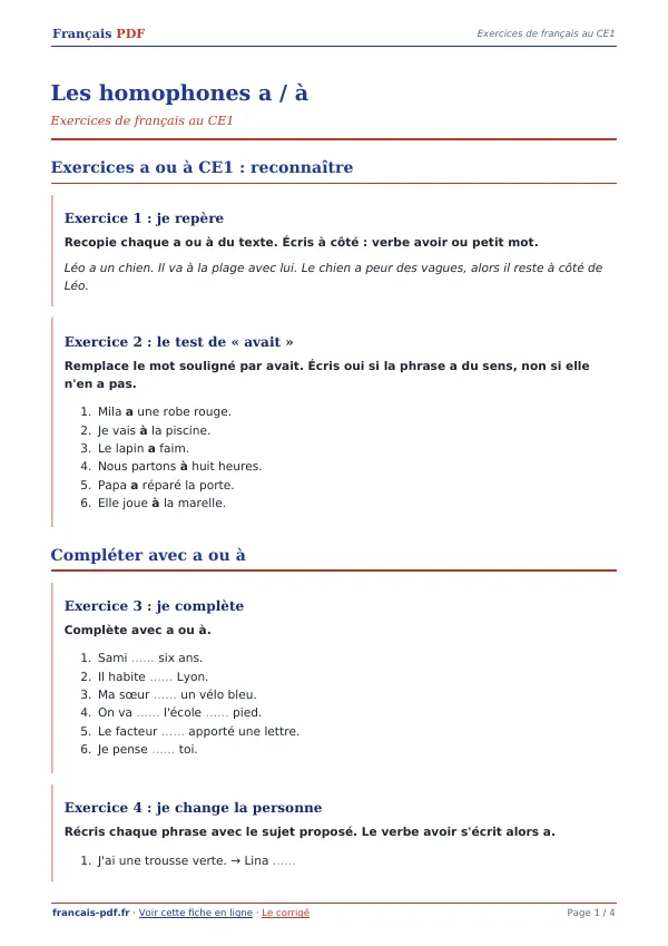 Exercices « Les homophones a / à » en PDF
