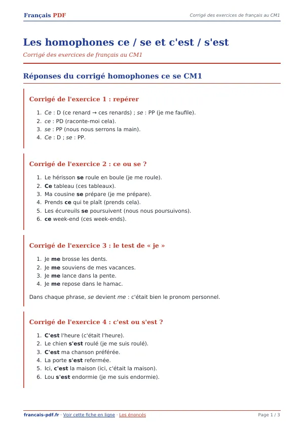 Corrigé « Les homophones ce / se et c’est / s’est » en PDF