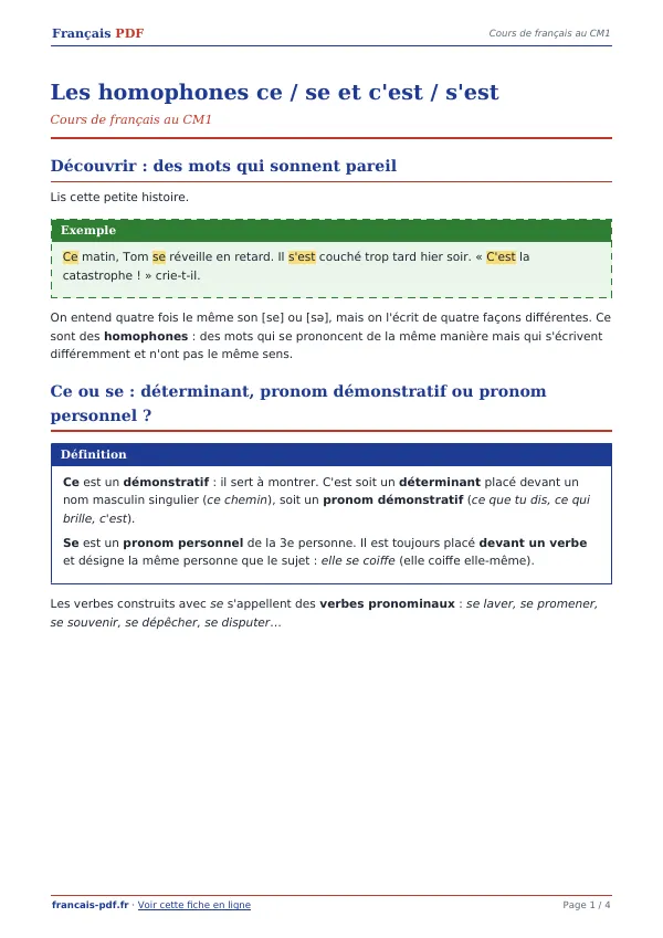 Cours « Les homophones ce / se et c’est / s’est » en PDF