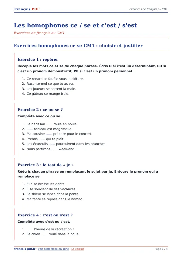Exercices « Les homophones ce / se et c’est / s’est » en PDF