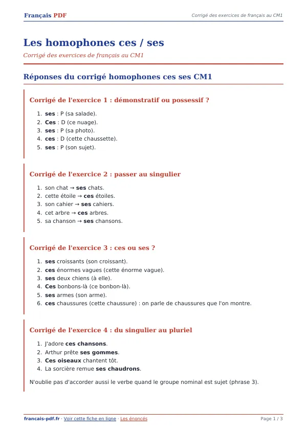 Corrigé « Les homophones ces / ses » en PDF
