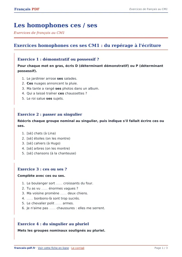 Exercices « Les homophones ces / ses » en PDF