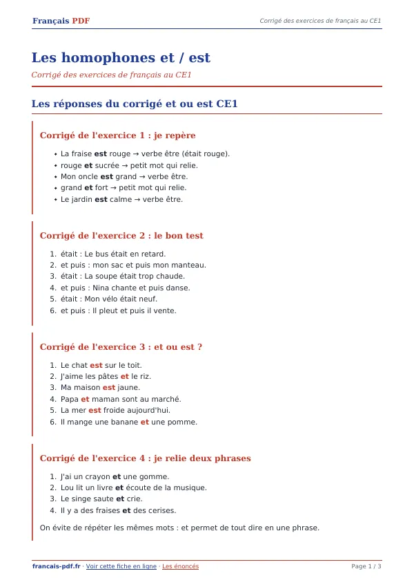 Corrigé « Les homophones et / est » en PDF