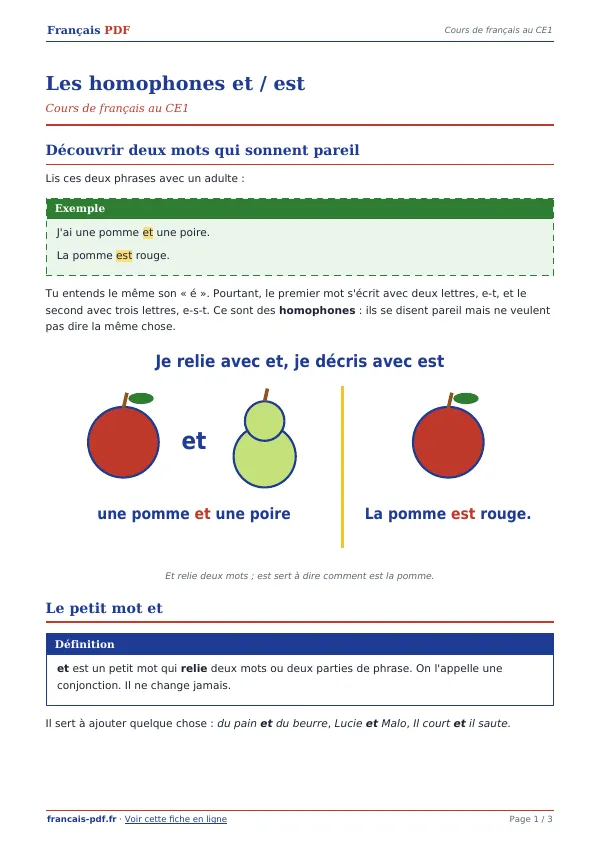 Cours « Les homophones et / est » en PDF