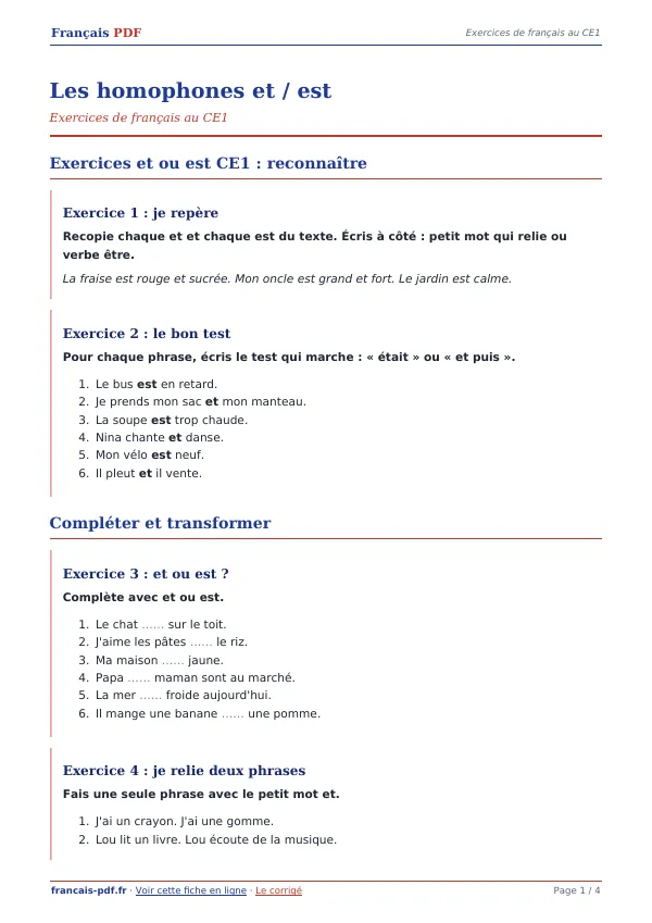 Exercices « Les homophones et / est » en PDF