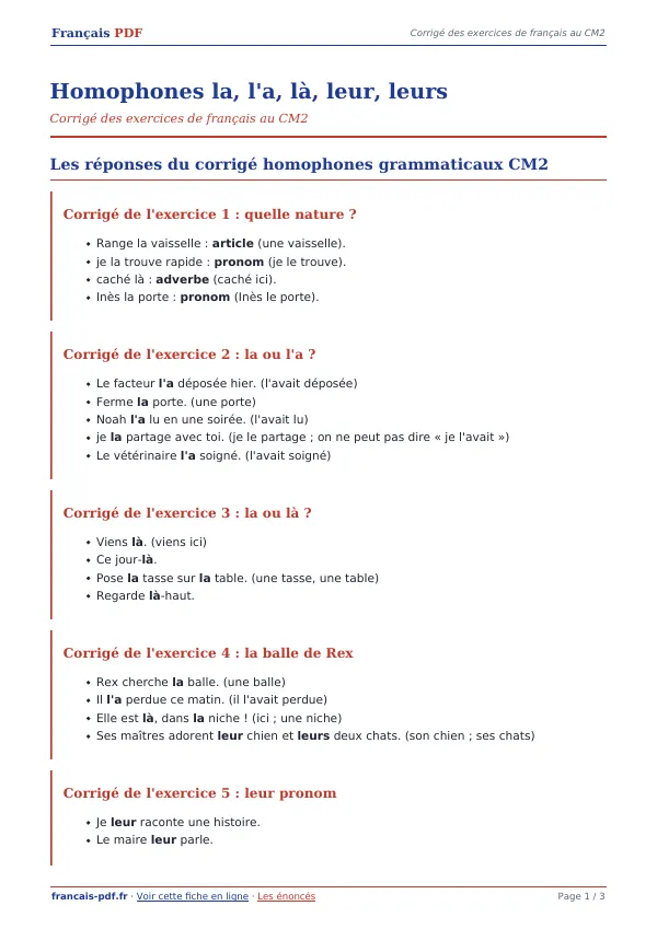 Corrigé « Homophones la, l’a, là, leur, leurs » en PDF