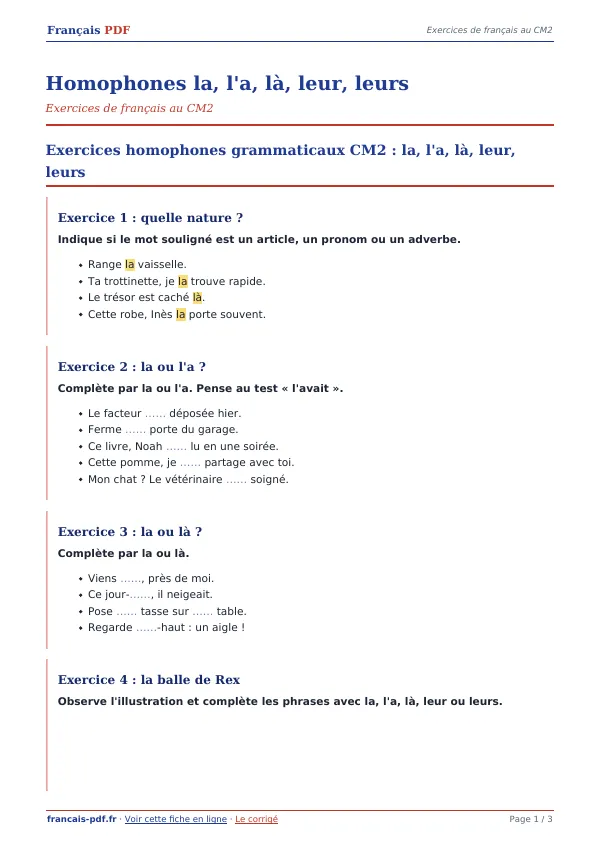 Exercices « Homophones la, l’a, là, leur, leurs » en PDF