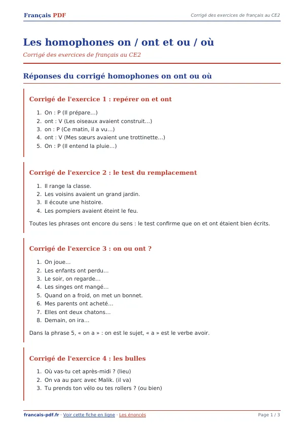 Corrigé « Les homophones on / ont et ou / où » en PDF