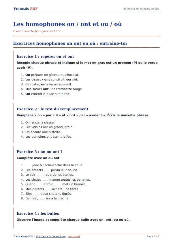 Exercices « Les homophones on / ont et ou / où » en PDF