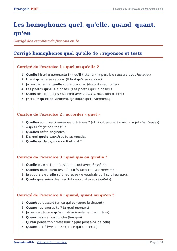 Corrigé « Les homophones quel, qu’elle, quand, quant, qu’en » en PDF