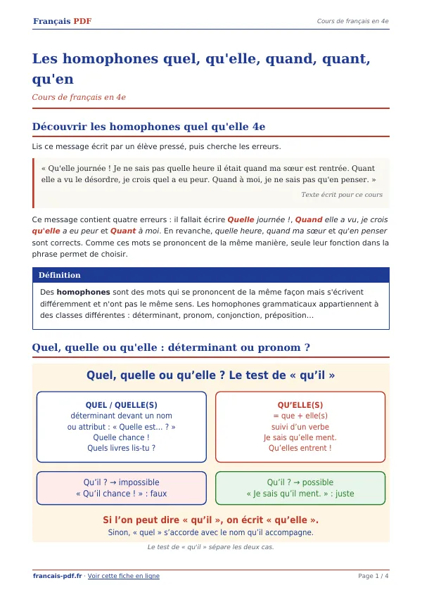 Cours « Les homophones quel, qu’elle, quand, quant, qu’en » en PDF