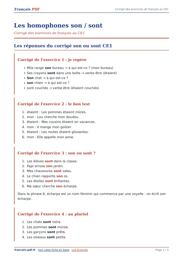 Corrigé « Les homophones son / sont » en PDF