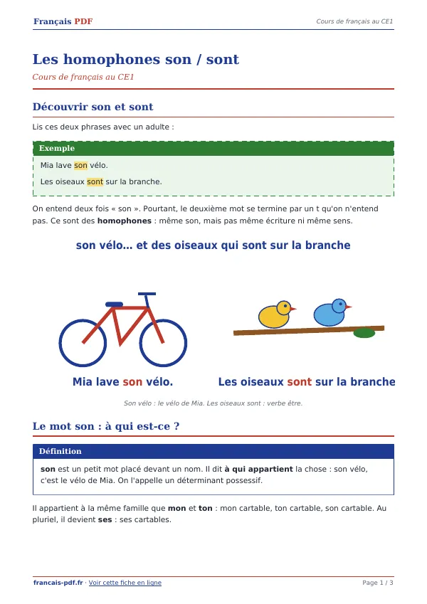 Cours « Les homophones son / sont » en PDF