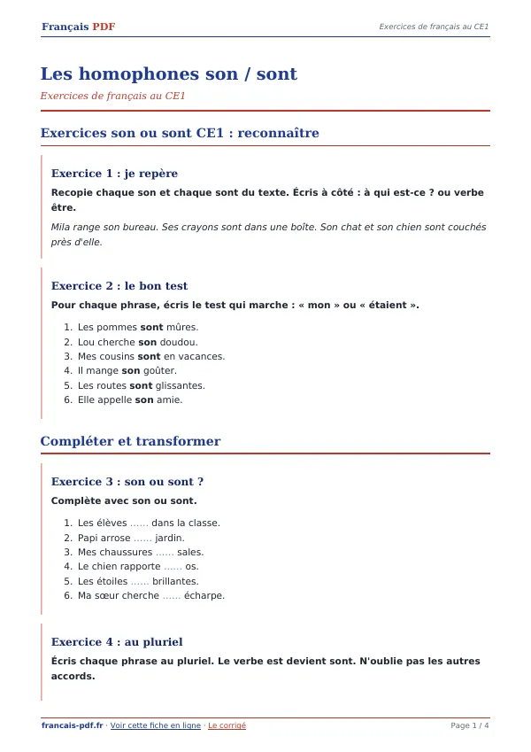 Exercices « Les homophones son / sont » en PDF