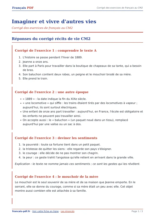 Corrigé « Imaginer et vivre d’autres vies » en PDF