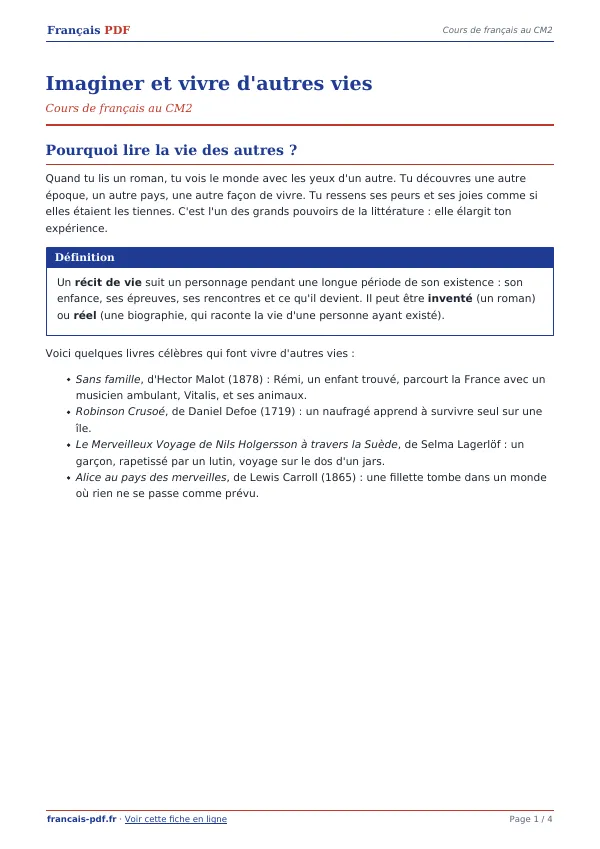 Cours « Imaginer et vivre d’autres vies » en PDF