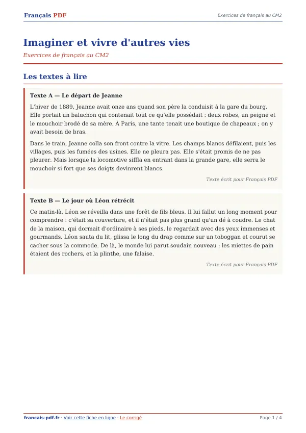 Exercices « Imaginer et vivre d’autres vies » en PDF