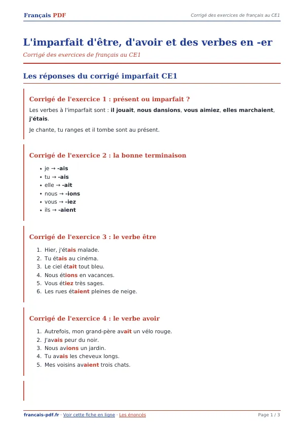Corrigé « L’imparfait d’être, d’avoir et des verbes en -er » en PDF