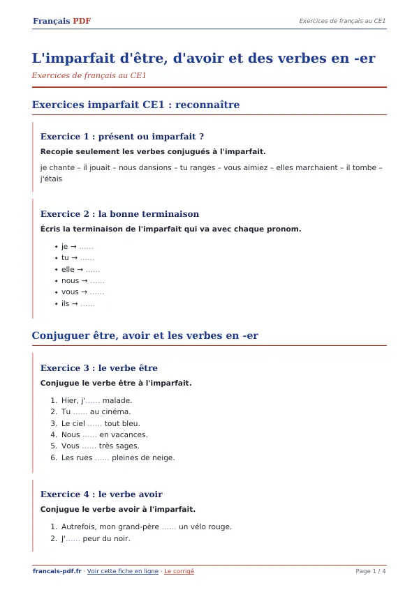 Exercices « L’imparfait d’être, d’avoir et des verbes en -er » en PDF