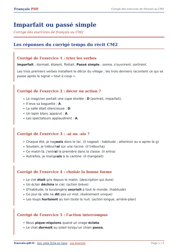 Corrigé « Imparfait ou passé simple » en PDF