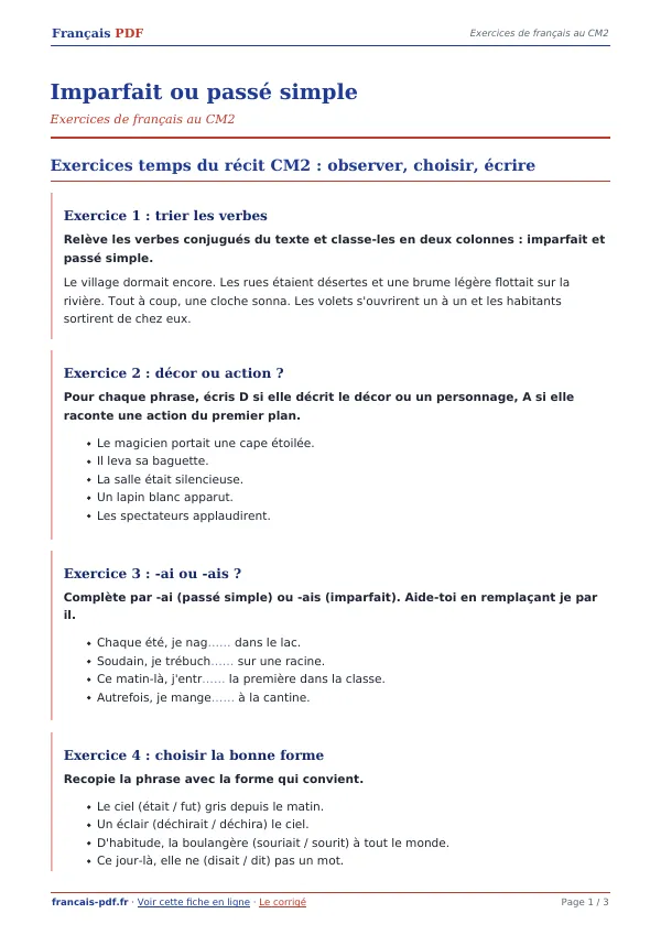 Exercices « Imparfait ou passé simple » en PDF