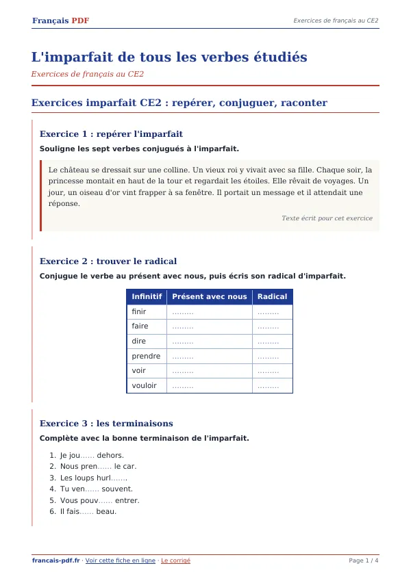 Exercices « L’imparfait de tous les verbes étudiés » en PDF