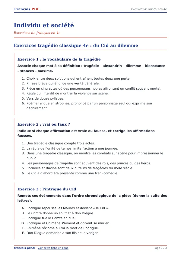 Exercices « Individu et société » en PDF