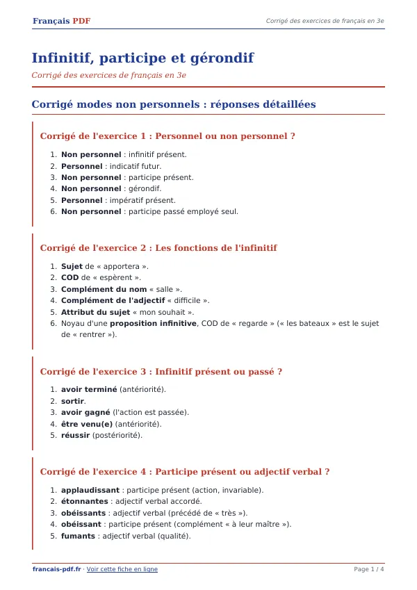 Corrigé « Infinitif, participe et gérondif » en PDF