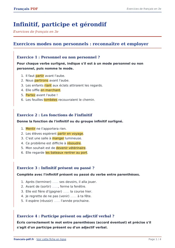 Exercices « Infinitif, participe et gérondif » en PDF