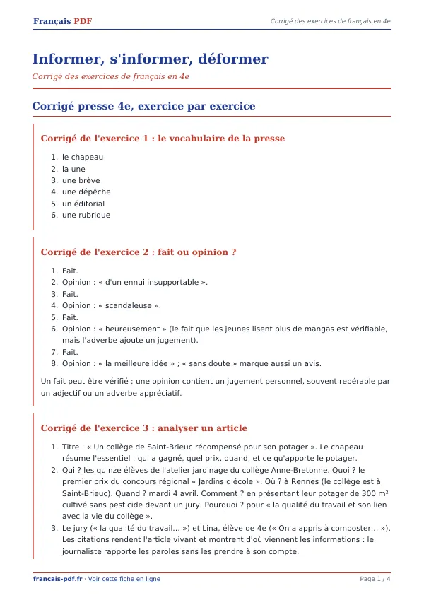 Corrigé « Informer, s’informer, déformer » en PDF