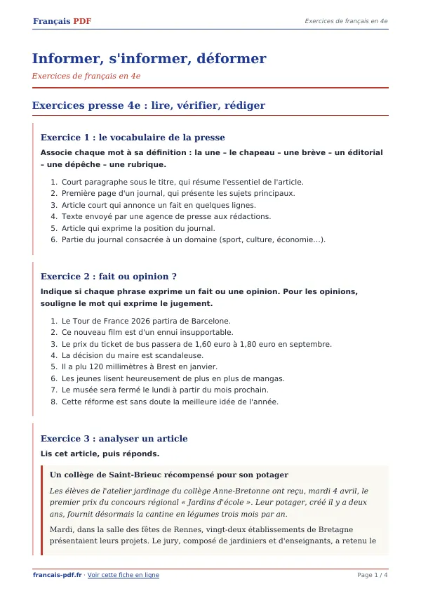 Exercices « Informer, s’informer, déformer » en PDF