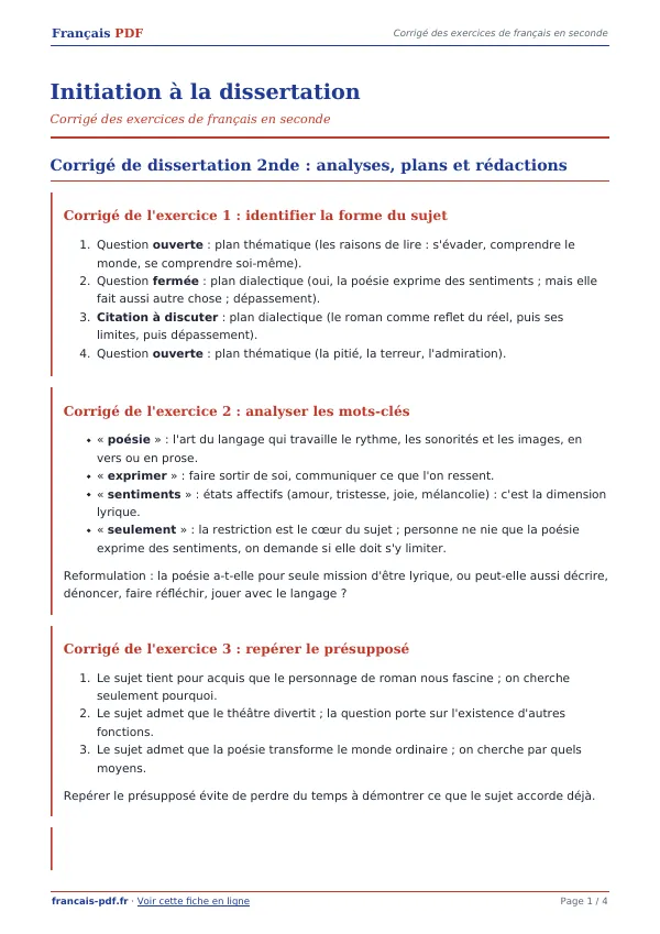 Corrigé « Initiation à la dissertation » en PDF