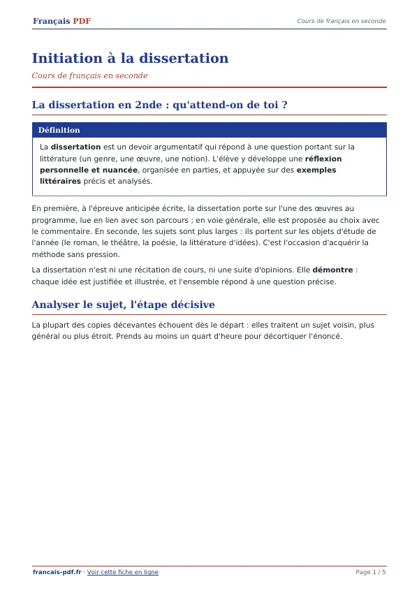 Cours « Initiation à la dissertation » en PDF