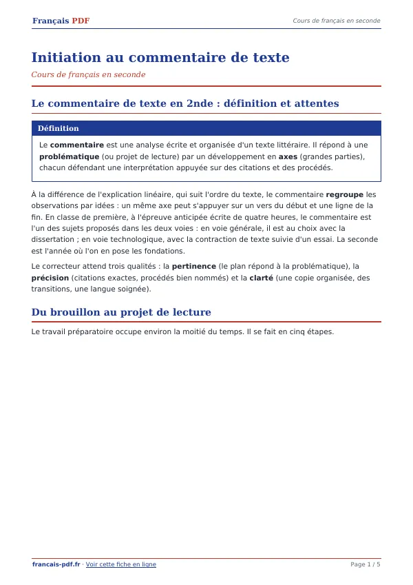 Cours « Initiation au commentaire de texte » en PDF
