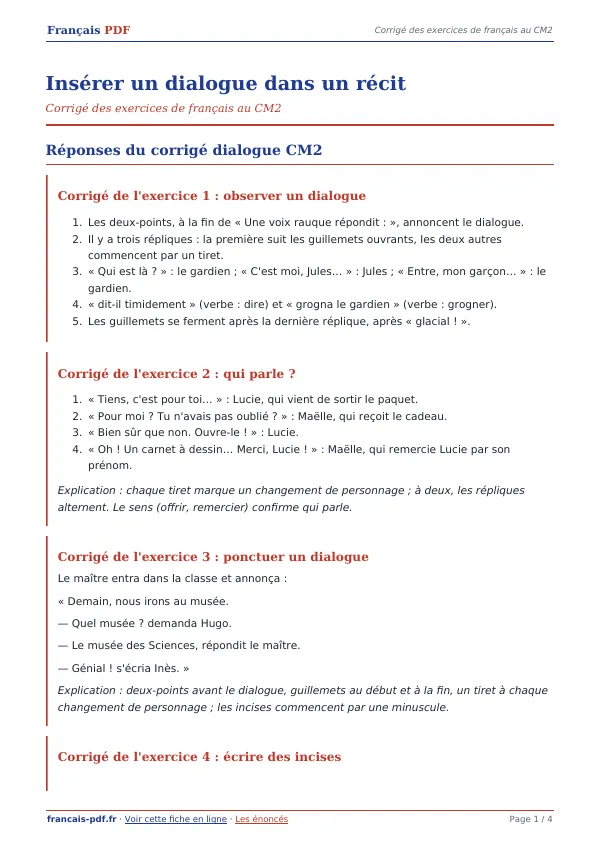 Corrigé « Insérer un dialogue dans un récit » en PDF