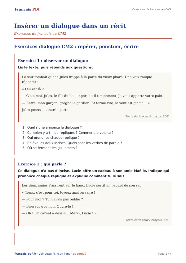 Exercices « Insérer un dialogue dans un récit » en PDF