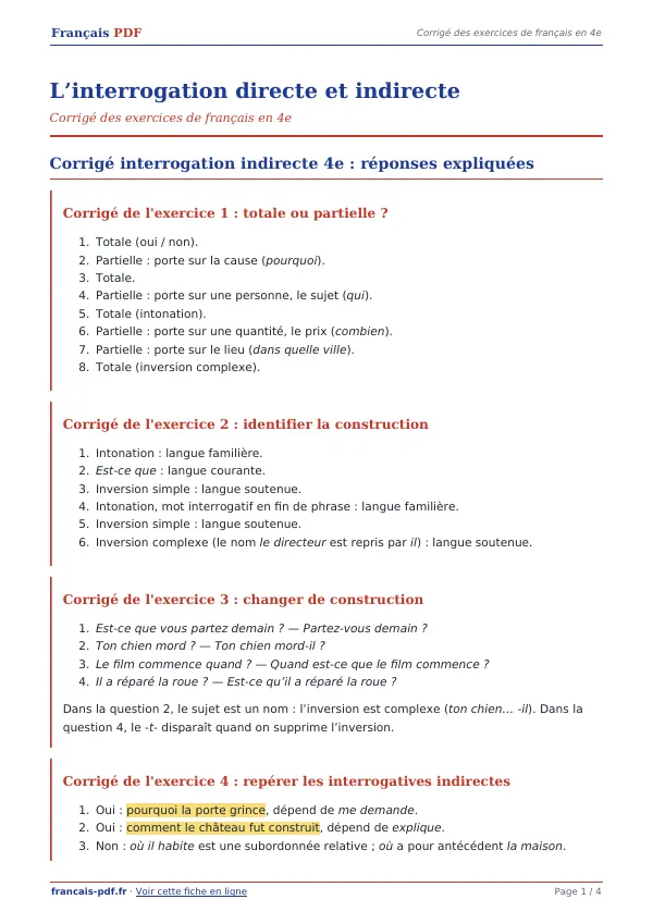 Corrigé « L’interrogation directe et indirecte » en PDF