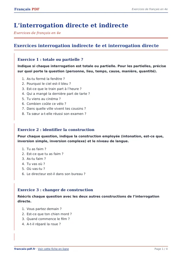 Exercices « L’interrogation directe et indirecte » en PDF
